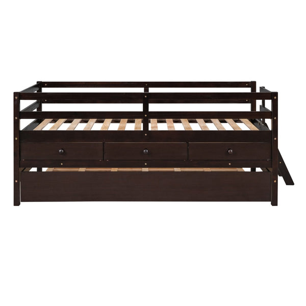 HomeRoots Espresso Solid Wood Twin Loft Bed with Fun Slide, Trundle & Storage Drawers for Kids' Rooms 607030