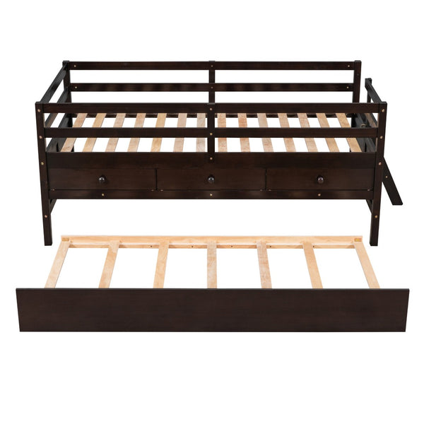 HomeRoots Espresso Solid Wood Twin Loft Bed with Fun Slide, Trundle & Storage Drawers for Kids' Rooms 607030