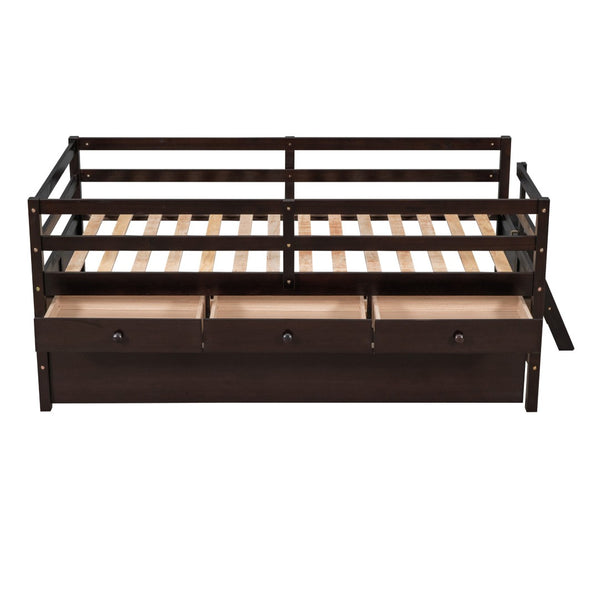 HomeRoots Espresso Solid Wood Twin Loft Bed with Fun Slide, Trundle & Storage Drawers for Kids' Rooms 607030