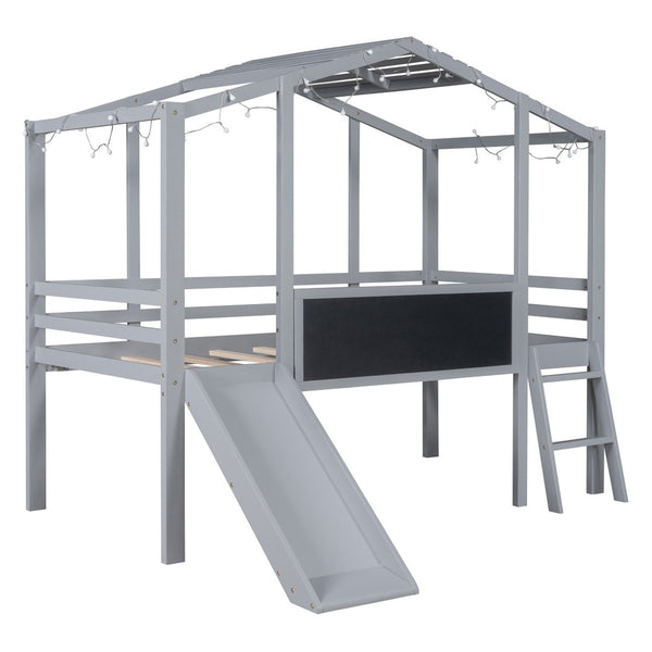 HomeRoots Gray Canopy Twin Loft Bed with Slide - Stylish Space-Saving Design for Kids’ Rooms & Fun Play Area 607031