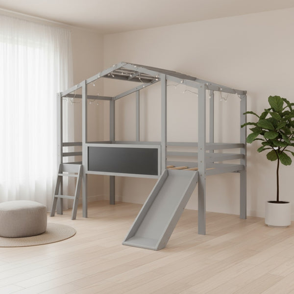 HomeRoots Gray Canopy Twin Loft Bed with Slide - Stylish Space-Saving Design for Kids’ Rooms & Fun Play Area 607031