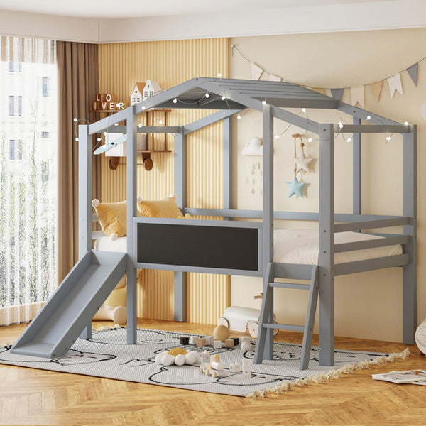 HomeRoots Gray Canopy Twin Loft Bed with Slide - Stylish Space-Saving Design for Kids’ Rooms & Fun Play Area 607031