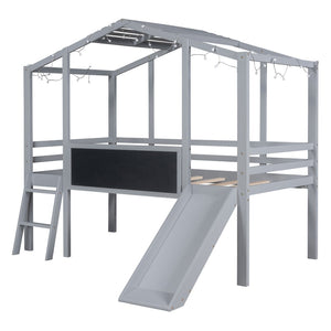 HomeRoots Gray Canopy Twin Loft Bed with Slide - Stylish Space-Saving Design for Kids’ Rooms & Fun Play Area 607031
