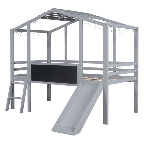 HomeRoots Gray Canopy Twin Loft Bed with Slide - Stylish Space-Saving Design for Kids’ Rooms & Fun Play Area 607031