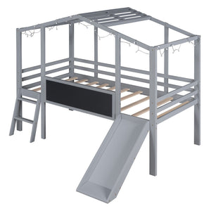 HomeRoots Gray Canopy Twin Loft Bed with Slide - Stylish Space-Saving Design for Kids’ Rooms & Fun Play Area 607031