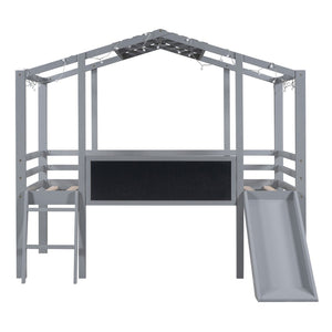HomeRoots Gray Canopy Twin Loft Bed with Slide - Stylish Space-Saving Design for Kids’ Rooms & Fun Play Area 607031