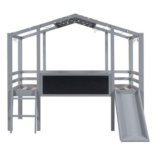 HomeRoots Gray Canopy Twin Loft Bed with Slide - Stylish Space-Saving Design for Kids’ Rooms & Fun Play Area 607031