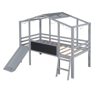 HomeRoots Gray Canopy Twin Loft Bed with Slide - Stylish Space-Saving Design for Kids’ Rooms & Fun Play Area 607031
