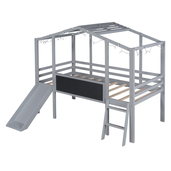 HomeRoots Gray Canopy Twin Loft Bed with Slide - Stylish Space-Saving Design for Kids’ Rooms & Fun Play Area 607031