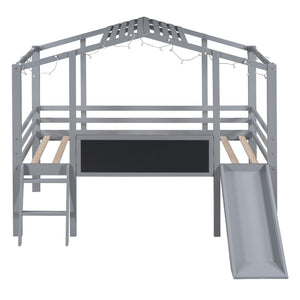 HomeRoots Gray Canopy Twin Loft Bed with Slide - Stylish Space-Saving Design for Kids’ Rooms & Fun Play Area 607031