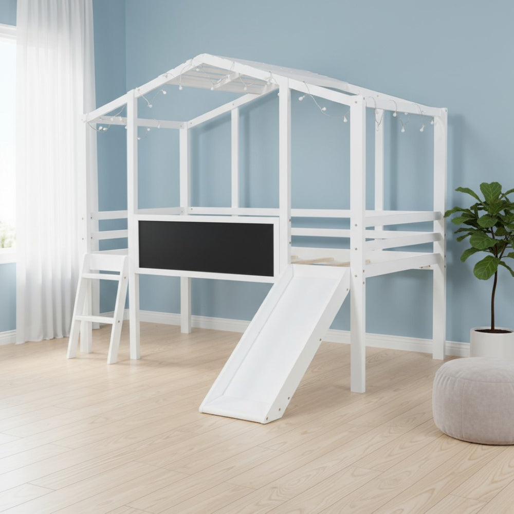 HomeRoots White Canopy Twin Loft Bed with Fun Slide - Stylish Space-Saver for Kids' Rooms & Play Areas! 607032