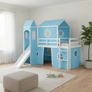 HomeRoots Blue Canopy Solid Wood Twin Loft Bed with Fun Slide - Space-Saving Design for Kids' Rooms! 607033