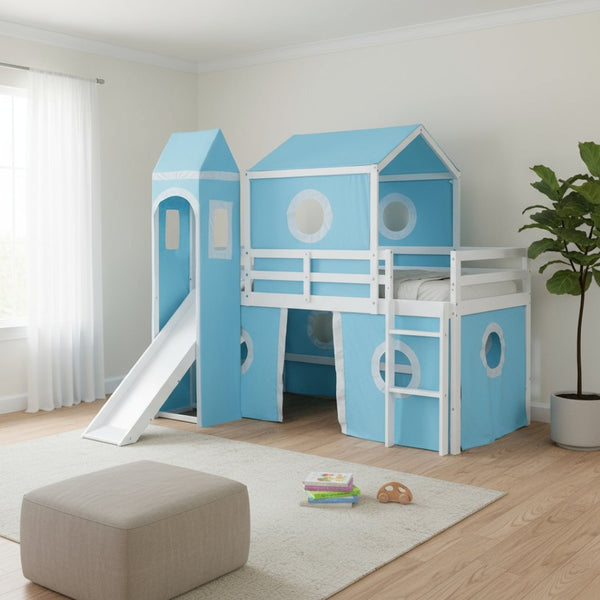 HomeRoots Blue Canopy Solid Wood Twin Loft Bed with Fun Slide - Space-Saving Design for Kids' Rooms! 607033