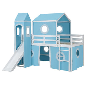 HomeRoots Blue Canopy Solid Wood Twin Loft Bed with Fun Slide - Space-Saving Design for Kids' Rooms! 607033