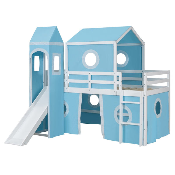 HomeRoots Blue Canopy Solid Wood Twin Loft Bed with Fun Slide - Space-Saving Design for Kids' Rooms! 607033