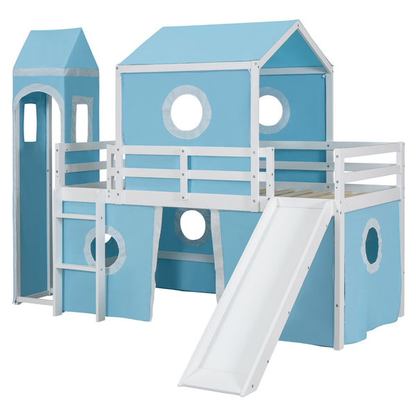 HomeRoots Blue Canopy Solid Wood Twin Loft Bed with Fun Slide - Space-Saving Design for Kids' Rooms! 607033