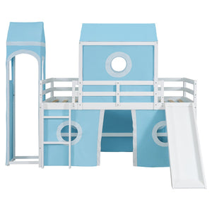 HomeRoots Blue Canopy Solid Wood Twin Loft Bed with Fun Slide - Space-Saving Design for Kids' Rooms! 607033