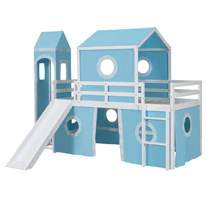 HomeRoots Blue Canopy Solid Wood Twin Loft Bed with Fun Slide - Space-Saving Design for Kids' Rooms! 607033