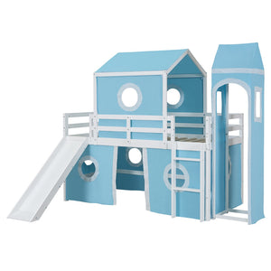 HomeRoots Blue Canopy Solid Wood Twin Loft Bed with Fun Slide - Space-Saving Design for Kids' Rooms! 607033