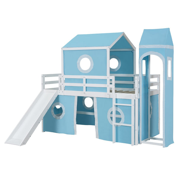 HomeRoots Blue Canopy Solid Wood Twin Loft Bed with Fun Slide - Space-Saving Design for Kids' Rooms! 607033