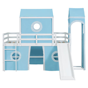 HomeRoots Blue Canopy Solid Wood Twin Loft Bed with Fun Slide - Space-Saving Design for Kids' Rooms! 607033