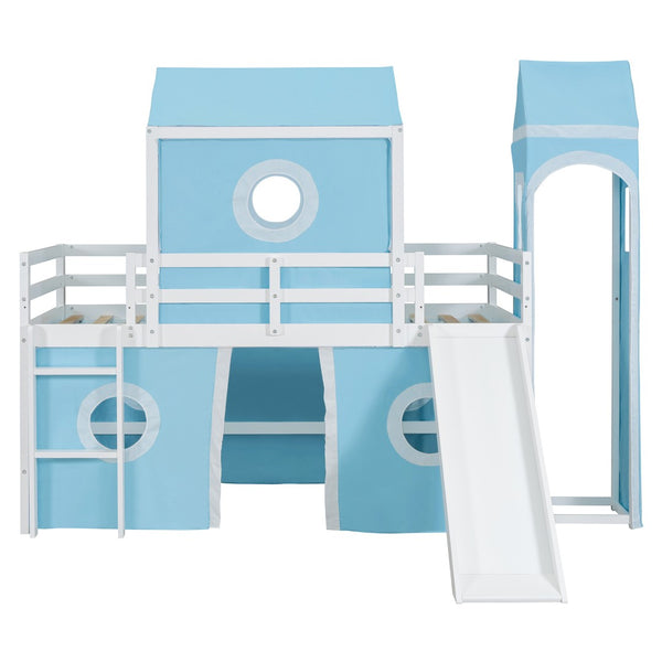 HomeRoots Blue Canopy Solid Wood Twin Loft Bed with Fun Slide - Space-Saving Design for Kids' Rooms! 607033