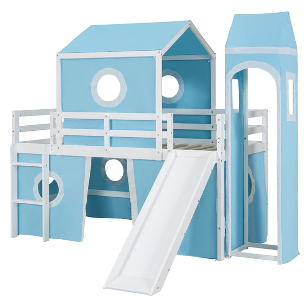 HomeRoots Blue Canopy Solid Wood Twin Loft Bed with Fun Slide - Space-Saving Design for Kids' Rooms! 607033