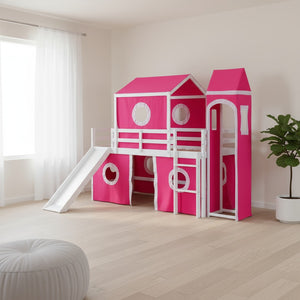 HomeRoots Pink Canopy Twin Loft Bed - Solid Wood Design with Slide, Perfect for Play and Cozy Sleep Space! 607034