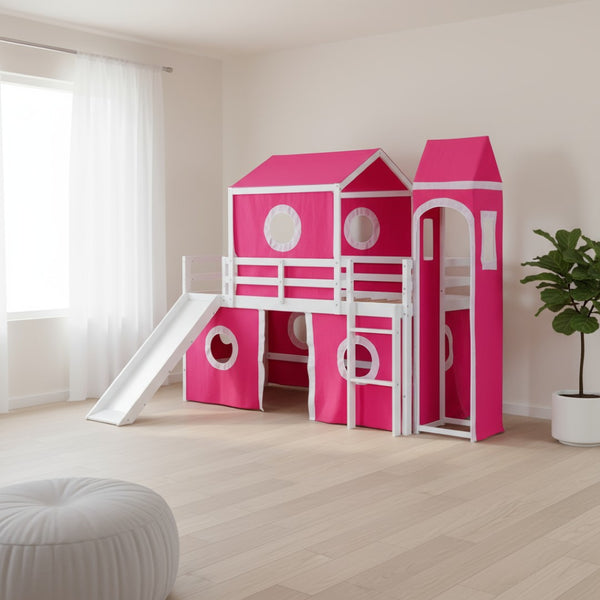 HomeRoots Pink Canopy Twin Loft Bed - Solid Wood Design with Slide, Perfect for Play and Cozy Sleep Space! 607034