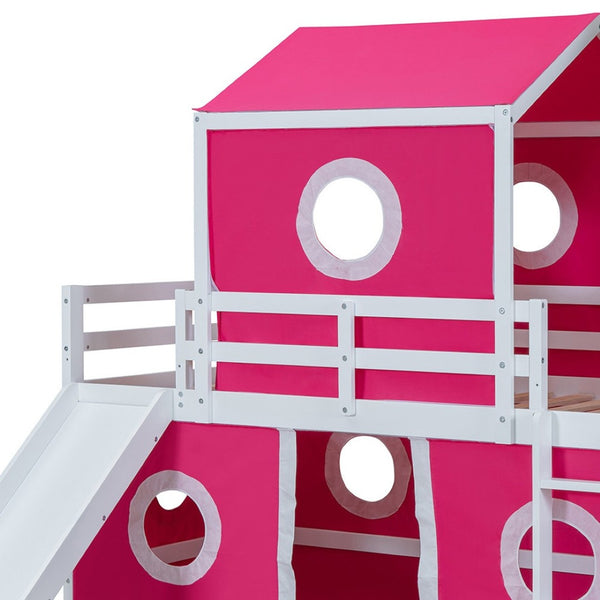 HomeRoots Pink Canopy Twin Loft Bed - Solid Wood Design with Slide, Perfect for Play and Cozy Sleep Space! 607034