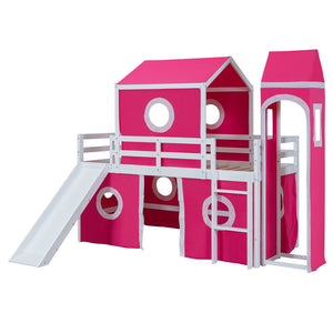 HomeRoots Pink Canopy Twin Loft Bed - Solid Wood Design with Slide, Perfect for Play and Cozy Sleep Space! 607034