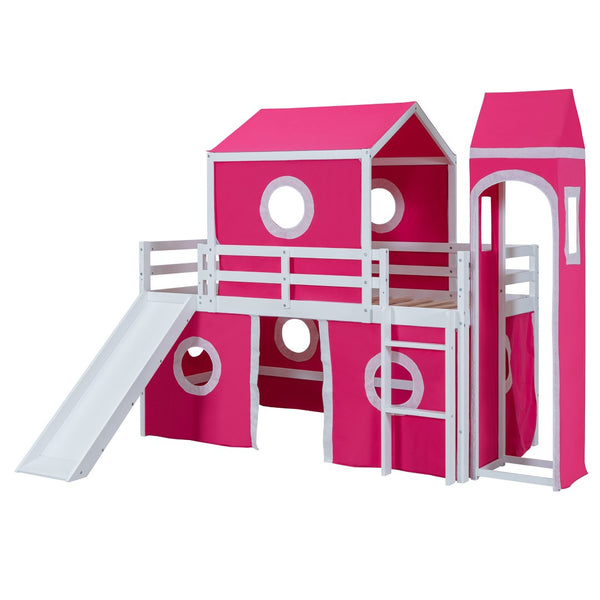HomeRoots Pink Canopy Twin Loft Bed - Solid Wood Design with Slide, Perfect for Play and Cozy Sleep Space! 607034