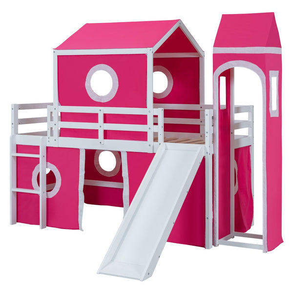 HomeRoots Pink Canopy Twin Loft Bed - Solid Wood Design with Slide, Perfect for Play and Cozy Sleep Space! 607034