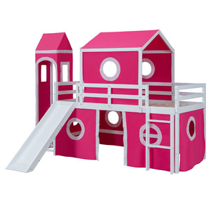 HomeRoots Pink Canopy Twin Loft Bed - Solid Wood Design with Slide, Perfect for Play and Cozy Sleep Space! 607034