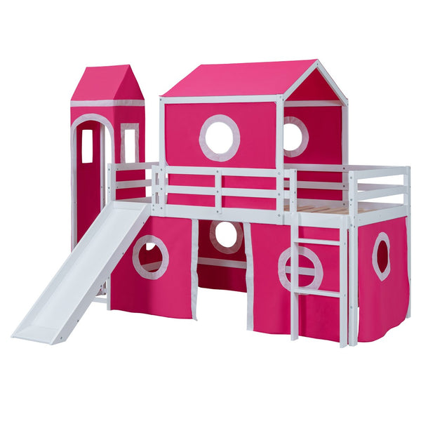 HomeRoots Pink Canopy Twin Loft Bed - Solid Wood Design with Slide, Perfect for Play and Cozy Sleep Space! 607034