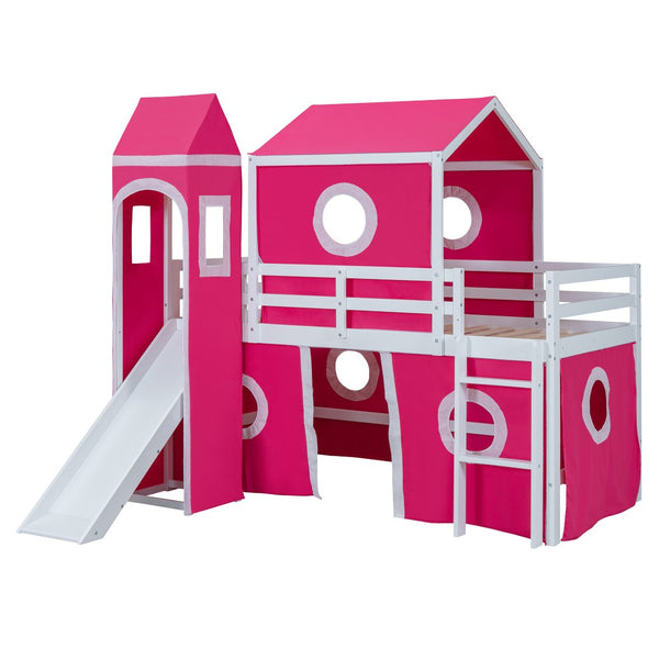 HomeRoots Pink Canopy Twin Loft Bed - Solid Wood Design with Slide, Perfect for Play and Cozy Sleep Space! 607034