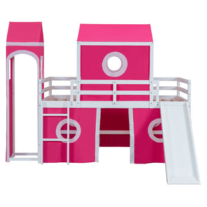 HomeRoots Pink Canopy Twin Loft Bed - Solid Wood Design with Slide, Perfect for Play and Cozy Sleep Space! 607034
