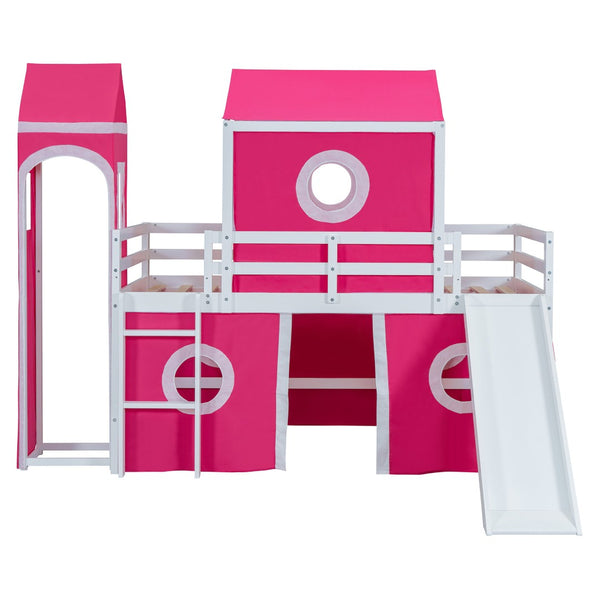 HomeRoots Pink Canopy Twin Loft Bed - Solid Wood Design with Slide, Perfect for Play and Cozy Sleep Space! 607034