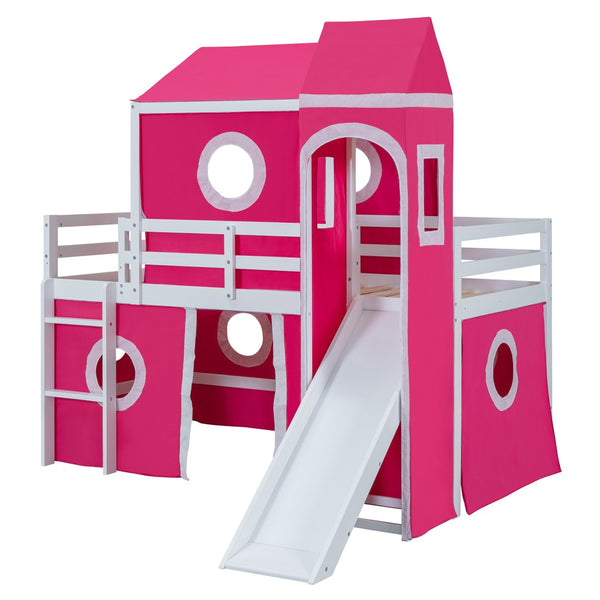 HomeRoots Pink Canopy Twin Loft Bed - Solid Wood Design with Slide, Perfect for Play and Cozy Sleep Space! 607034