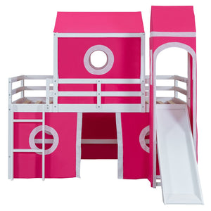 HomeRoots Pink Canopy Twin Loft Bed - Solid Wood Design with Slide, Perfect for Play and Cozy Sleep Space! 607034