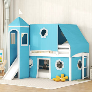 HomeRoots Blue Canopy Twin Loft Bed with Slide – Playful Design, Sturdy Construction & Versatile Under-Bed Space 607035