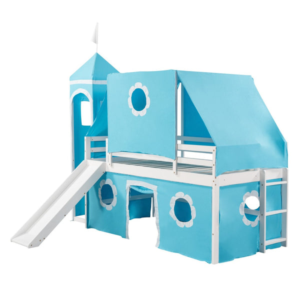 HomeRoots Blue Canopy Twin Loft Bed with Slide – Playful Design, Sturdy Construction & Versatile Under-Bed Space 607035
