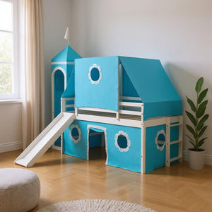 HomeRoots Blue Canopy Twin Loft Bed with Slide – Playful Design, Sturdy Construction & Versatile Under-Bed Space 607035