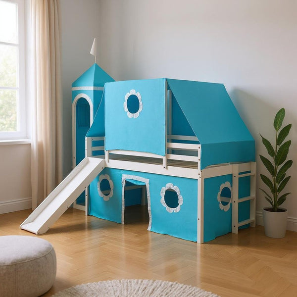HomeRoots Blue Canopy Twin Loft Bed with Slide – Playful Design, Sturdy Construction & Versatile Under-Bed Space 607035