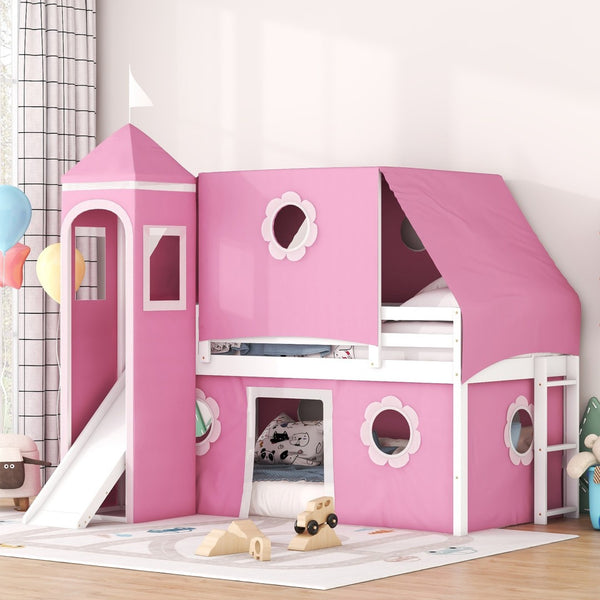 HomeRoots Pink Canopy Twin Loft Bed with Slide - Playful Design, Space-Saving, Sturdy Construction for Kids 607036