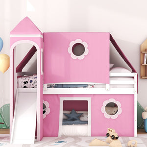 HomeRoots Pink Canopy Twin Loft Bed with Slide - Playful Design, Space-Saving, Sturdy Construction for Kids 607036