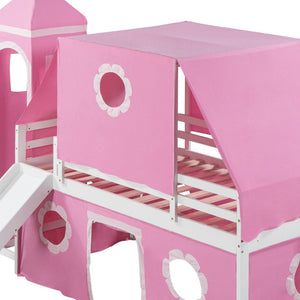 HomeRoots Pink Canopy Twin Loft Bed with Slide - Playful Design, Space-Saving, Sturdy Construction for Kids 607036