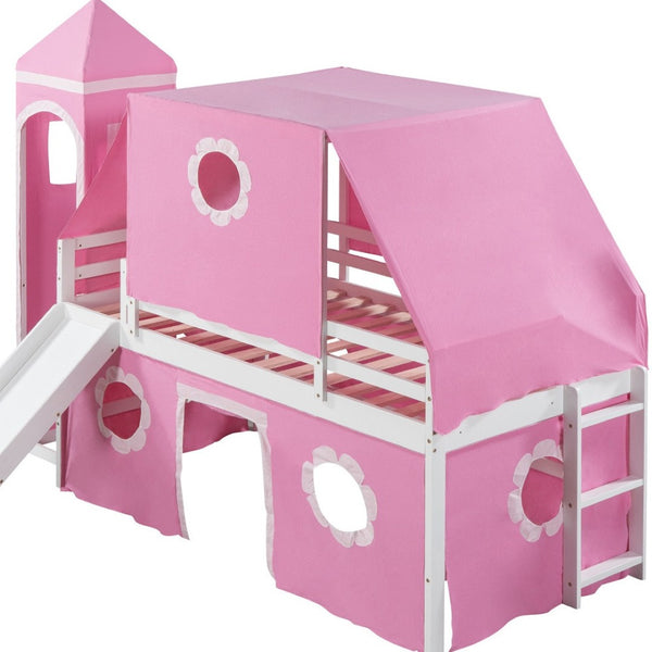 HomeRoots Pink Canopy Twin Loft Bed with Slide - Playful Design, Space-Saving, Sturdy Construction for Kids 607036