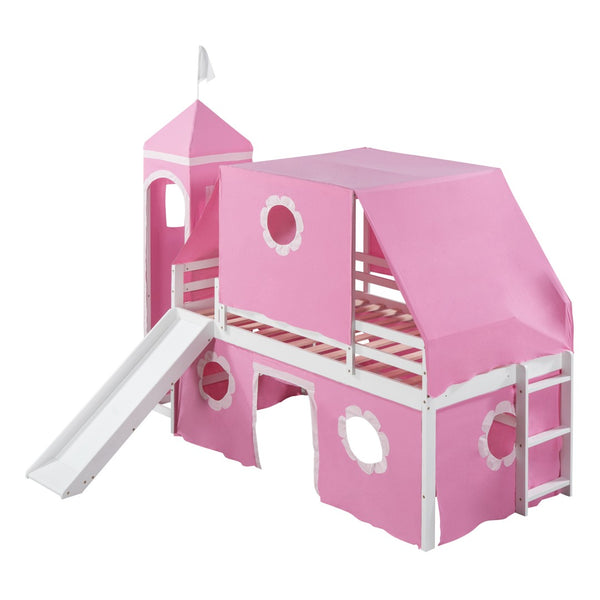 HomeRoots Pink Canopy Twin Loft Bed with Slide - Playful Design, Space-Saving, Sturdy Construction for Kids 607036