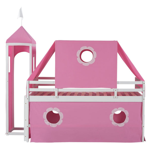 HomeRoots Pink Canopy Twin Loft Bed with Slide - Playful Design, Space-Saving, Sturdy Construction for Kids 607036